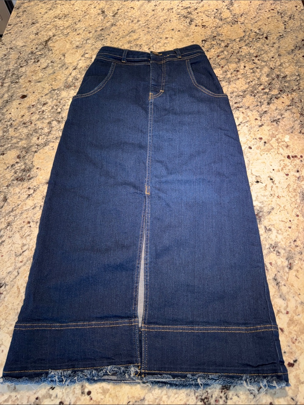 Pilcro Classic Dark Blue Straight Denim Skirt with Front Slit-by Anthropologie